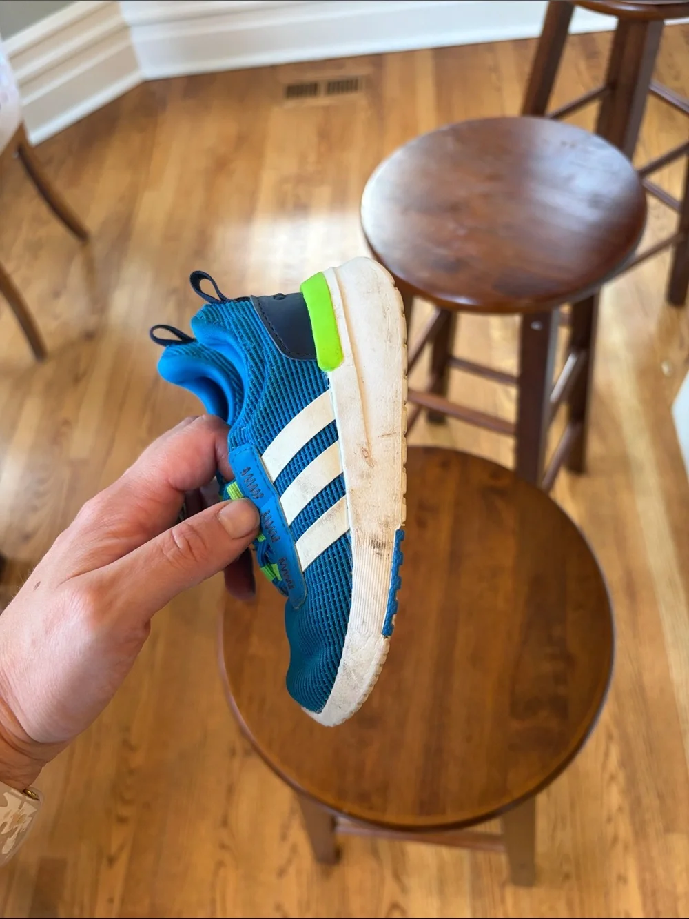 adidas Kids Blue and Neon Green Slip-On Sneakers with White Stripes